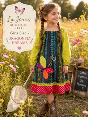La Jenns Girls Boutique Dragonfly Dress Lime Patchwork Long Sleeve Size 7